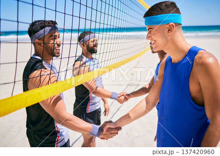 Volleyball, team and people shaking hands at beach in competition, game and welcome to match. Handshake, sports and happy men at ocean in group agreement, introduction and fitness exercise in summer. Volleyball, team and people shaking hands at beach in competition, game and welcome to match. Handshake, sports and happy men at ocean in group agreement, introduction and fitness exercise in summer. 137420960