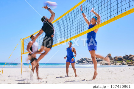 Beach volleyball match, jump and sports people play competition, outdoor game and active training for fitness challenge. Summer teamwork, rival athlete and team workout, activity and partner exercise 137420961