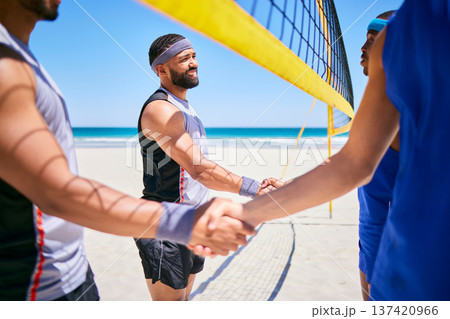 Volleyball, men and team handshake at beach in competition, game and respect for match. Shaking hands, sports group and people at ocean in agreement, collaboration and exercise for fitness in summer 137420966