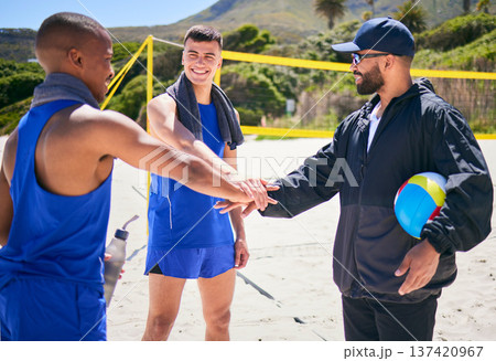 Happy man, volleyball and hands together on beach in motivation, teamwork or training in fitness. Excited male person piling in team sports, game or support in unity, meeting or goals on ocean coast Happy man, volleyball and hands together on beach in motivation, teamwork or training in fitness. Excited male person piling in team sports, game or support in unity, meeting or goals on ocean coast 137420967