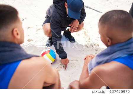 Beach, volleyball and coach writing in sand for strategy, game planning and prepare for competition. Sports, fitness and man with athletes for training or exercise for match, challenge and practice 137420970