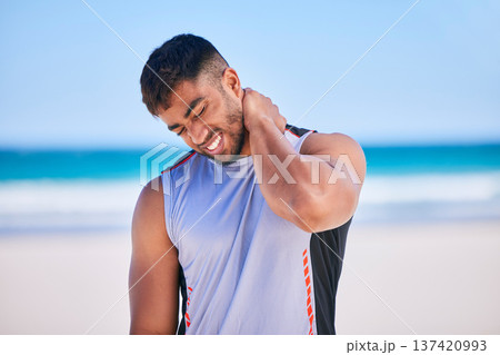 Neck pain, sport and man at beach, accident and fitness exercise in workout on mockup space. Body, injury or arthritis of athlete, muscle problem or fibromyalgia in medical emergency for osteoporosis Neck pain, sport and man at beach, accident and fitness exercise in workout on mockup space. Body, injury or arthritis of athlete, muscle problem or fibromyalgia in medical emergency for osteoporosis 137420993