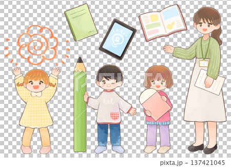 Learning image illustration set of children studying and teachers Learning image illustration set of children studying and teachers 137421045