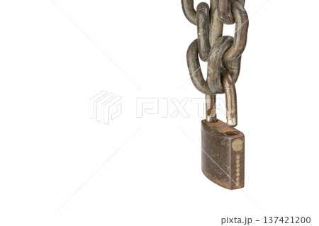Aged and Weathered Iron Chain with Rusty Lock on a Pristine White Background Symbolizing Security and Resilience Through Time with copy space 137421200