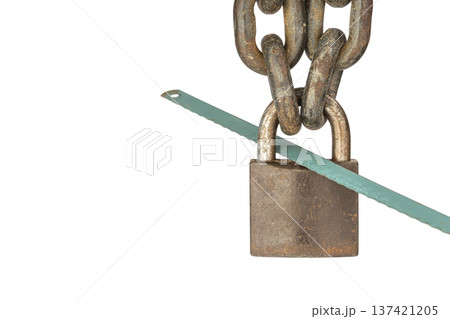 Close-up of a Rusty Metal Chain Securely Fastened with an Aged locked Padlock Interrupted by a Saw Blade Suggesting Tension and Potential for Breaking isolated on white 137421205