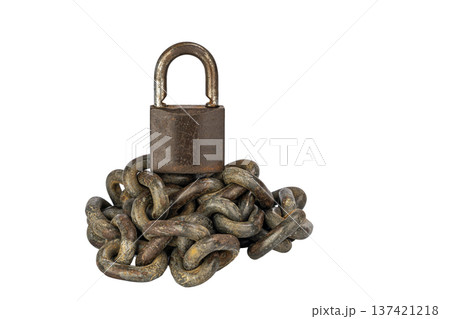 Rustic Heavy-Duty Metal Padlock with Thick, Intertwined Chains Symbolizing Security and Durability on a Plain White Background Rustic Heavy-Duty Metal Padlock with Thick, Intertwined Chains Symbolizing Security and Durability on a Plain White Background 137421218