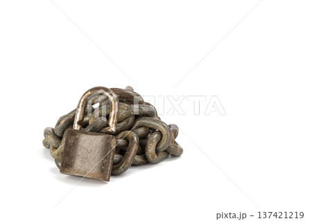 Rusty and Heavy Metallic Chain with an Old unlocked Padlock on White Background Conveys Security, Protection, and History Rusty and Heavy Metallic Chain with an Old unlocked Padlock on White Background Conveys Security, Protection, and History 137421219