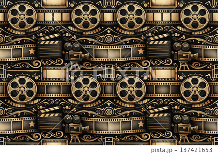 Retro Cinematography Texture Featuring Antique Cameras and Strips 137421653