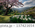 Serene Spring Landscape with Blooming Cherry Tree and White Daffodils 137421654