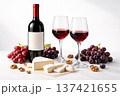 Elegant Wine Still Life with Camembert Cheese, Grapes, and Walnuts 137421655