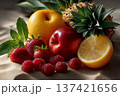 Vibrant Tropical Fruit Arrangement with Pineapple, Berries, and Lemon 137421656