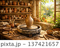 Rustic Pottery Workshop with Finished Clay Vase on a Potters Wheel 137421657