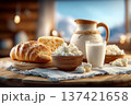 Fresh Farm Breakfast with Cottage Cheese, Milk, and Croissant 137421658