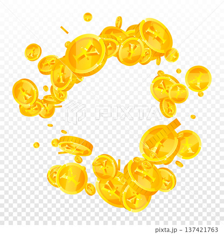 Japanese yen coins falling. Scattered gold JPY coins. Japan money. Jackpot wealth or success concept. Square vector illustration. Japanese yen coins falling. Scattered gold JPY coins. Japan money. Jackpot wealth or success concept. Square vector illustration. 137421763