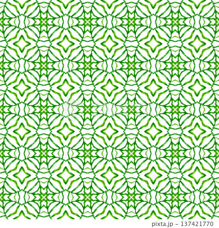 Textile ready brilliant print, swimwear fabric, wallpaper, wrapping. Green creative boho chic summer design. Watercolor summer ethnic border pattern. Ethnic hand painted pattern. 137421770
