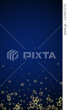 Gold sparkling star confetti. Chaotic dreamy childish overlay template. Festive stars vector illustration on dark blue background. Gold sparkling star confetti. Chaotic dreamy childish overlay template. Festive stars vector illustration on dark blue background. 137421772