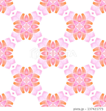 Hand painted tiled watercolor border. Orange beautiful boho chic summer design. Tiled watercolor background. Textile ready lovely print, swimwear fabric, wallpaper, wrapping. 137421773