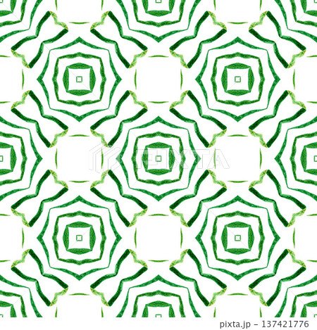 Ikat repeating swimwear design. Green curious boho chic summer design. Watercolor ikat repeating tile border. Textile ready worthy print, swimwear fabric, wallpaper, wrapping. 137421776