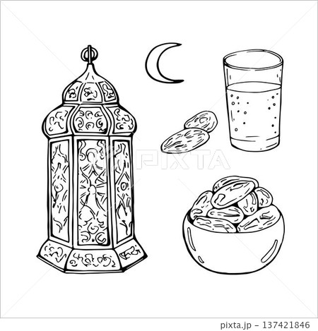 Ramadan set with lanterns, water and dates Ramadan set with lanterns, water and dates 137421846