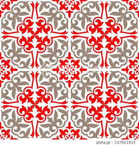 Seamless pattern featuring elegant red gold Central Asian ornamental motifs, traditional floral swirls, symmetrical geometric ornament. For textile, embroidery, tile, Mediterranean ceramic, patchwork 137421915