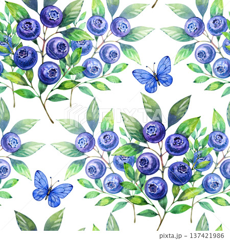 Watercolor seamless pattern with lush blueberry branches and small blue butterflies. Soft artistic style featuring ripe berries, delicate green leaves, and charming insects, perfect for textile design 137421986