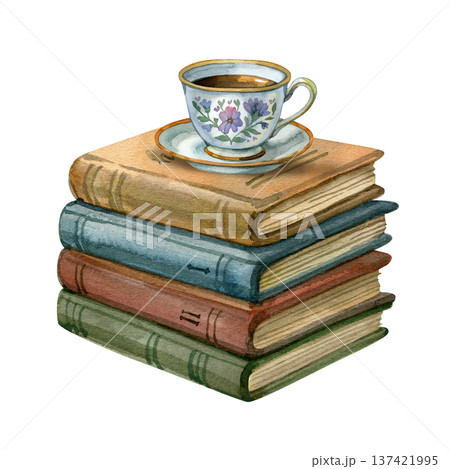 Cozy watercolor illustration of a vintage teacup with floral patterns resting atop a stack of old books. Charming artistic scene perfect for cafe menus, book covers, and relaxing lifestyle designs. Cozy watercolor illustration of a vintage teacup with floral patterns resting atop a stack of old books. Charming artistic scene perfect for cafe menus, book covers, and relaxing lifestyle designs. 137421995