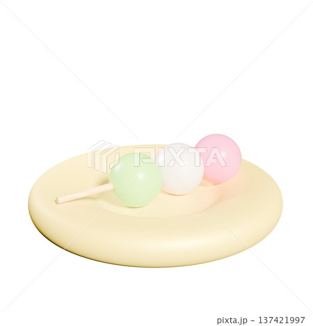 3Dのかわいい三色のお団子とぷっくりしたお皿　png 137421997