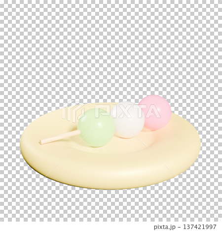 3Dのかわいい三色のお団子とぷっくりしたお皿　png 137421997