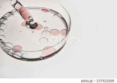 Pipette dropping pink liquid and oil bubbles into petri dish, illustrating cosmetic research and skincare 137422009