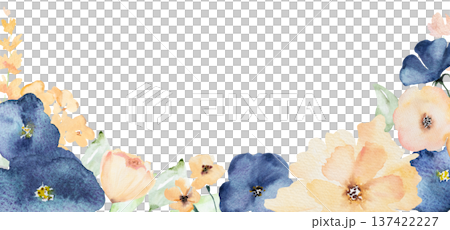 Watercolor floral border with blue and yellow flowers isolated illustration for stationery and design Watercolor floral border with blue and yellow flowers isolated illustration for stationery and design 137422227
