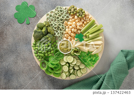Green party snack platter for St Patrick day top view Green party snack platter for St Patrick day top view 137422463
