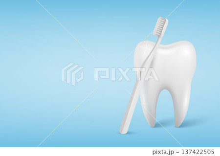 Vector 3d Tooth with Toothbrush on Blue Background. Dental Care and Oral Hygiene Concept. Clean Healthy Tooth Icon for Dentistry Clinic. Tooth Cleaning and Whitening Symbol Vector 3d Tooth with Toothbrush on Blue Background. Dental Care and Oral Hygiene Concept. Clean Healthy Tooth Icon for Dentistry Clinic. Tooth Cleaning and Whitening Symbol 137422505