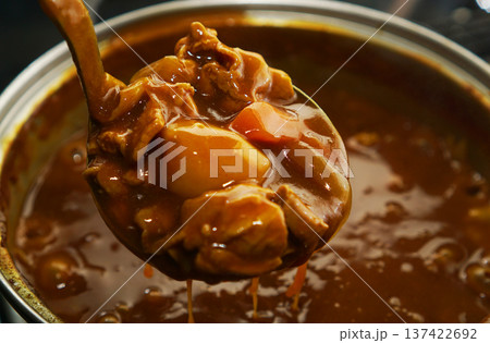 熱々の鍋からポークカレーをすくい上げる 137422692