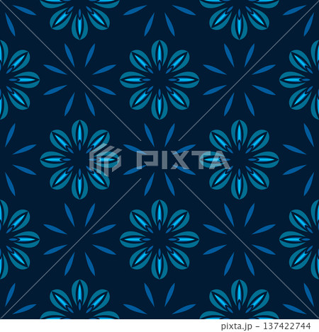Blue flowers on dark blue background. Floral dark seamless background. Ornament in shades of blue 137422744