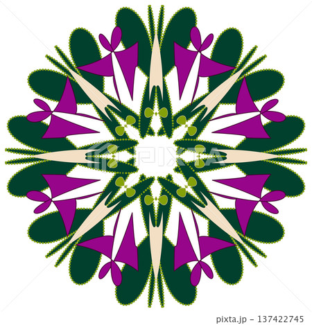 Crazy round element of curved geometry shapes. Vibrant round symmetry flower. Green purple mandala Crazy round element of curved geometry shapes. Vibrant round symmetry flower. Green purple mandala 137422745