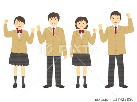 制服を着てガッツポーズをする男女の学生のイラストのセット_ベージュ 制服を着てガッツポーズをする男女の学生のイラストのセット_ベージュ 137422850