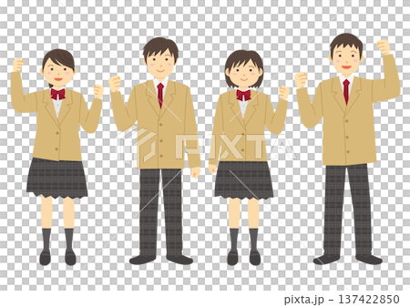 一群男女學生身穿校服並揮拳慶祝的插圖_米色 一群男女學生身穿校服並揮拳慶祝的插圖_米色 137422850