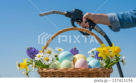 easter fuel pump basket eggs flowers spring gas station refueling scene for roadside service holiday promotion outdoors easter fuel pump basket eggs flowers spring gas station refueling scene for roadside service holiday promotion outdoors 137423154