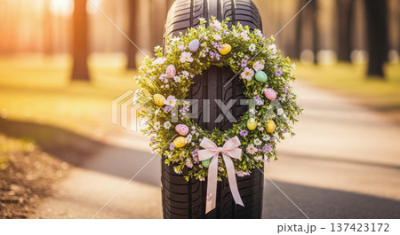 Tire with Easter wreath of flowers and pastel eggs on road outdoors. Spring auto service display, seasonal transport decor, holiday promotion, roadside retail, sunny park. 137423172