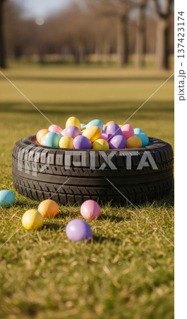 Tire Easter eggs grass spring pastel auto service holiday outdoors display in park, seasonal car care promotion concepts 137423174