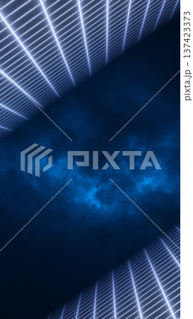 Perspective blue grid lines forming a futuristic corridor with misty nebula center, abstract sci-fi technology background with copy space Perspective blue grid lines forming a futuristic corridor with misty nebula center, abstract sci-fi technology background with copy space 137423373