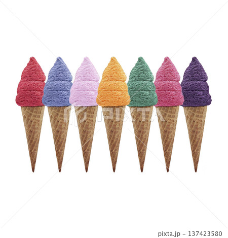 Row of colorful ice cream cones features vibrant scoops in red blue purple orange green and dark purple each on waffle cone creating playful and appetizing display 137423580