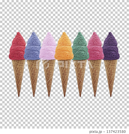 Row of colorful ice cream cones features vibrant scoops in red blue purple orange green and dark purple each on waffle cone creating playful and appetizing display 137423580