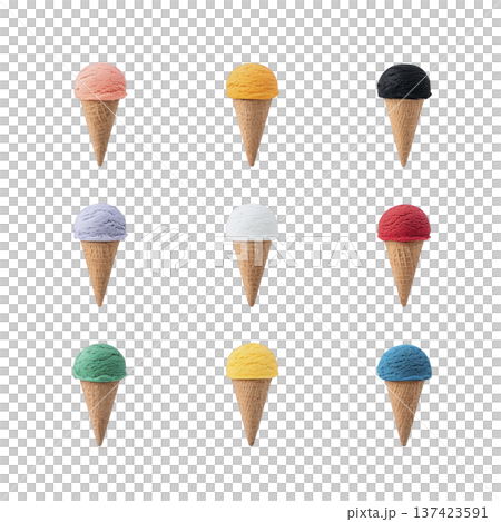 Nine colorful ice cream cones arranged in grid pattern on transparency background featuring pink orange black purple white red green yellow and blue scoops 137423591