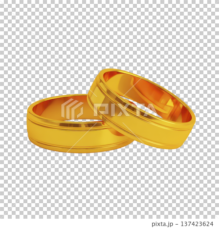 Two gold wedding rings are elegantly intertwined, symbolizing love and commitment. shiny, polished surface reflects light beautifully, adding touch of luxury and romance 137423624