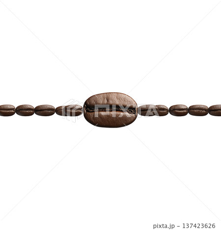 Line of coffee beans is arranged horizontally against transparency background, showcasing their rich brown color and textured surface. central bean is larger, drawing attention to its detailed 137423626