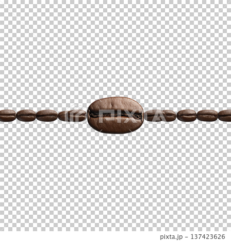 Line of coffee beans is arranged horizontally against transparency background, showcasing their rich brown color and textured surface. central bean is larger, drawing attention to its detailed 137423626