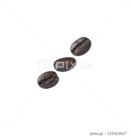 Three roasted coffee beans are arranged on transparency background, showcasing their rich brown color and glossy texture. close up view highlights beans natural details and inviting aroma 137423627