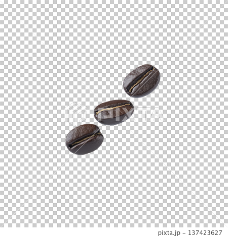 Three roasted coffee beans are arranged on transparency background, showcasing their rich brown color and glossy texture. close up view highlights beans natural details and inviting aroma 137423627