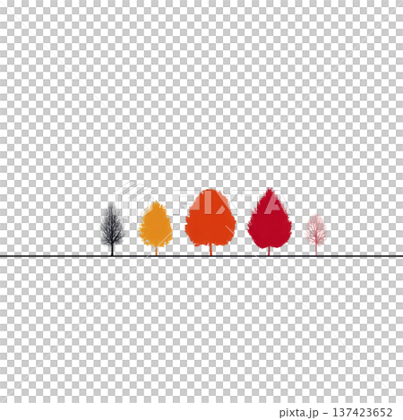 Row of colorful trees in varying shades of black, yellow, orange, red, and pink stand against minimalist background, creating vibrant and artistic landscape 137423652